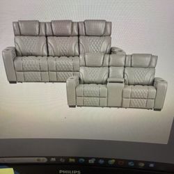 Leather Power Reclining Sofa & Power Reclining Love Seat ( Heat & Massage ) 