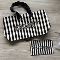 Victoria's Secret Black and White Striped Tote Bag/Makeup Bag Set