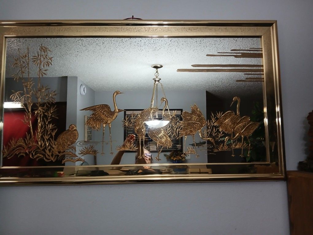 1980s Etched Asian Hollywood Regency Gold Crane Wall Mirror