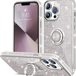 Bundle iPhone 13 Pro Case and Lens- iPhone 13 Pro Case,[Bling Kickstand] Cute Glitter Slim Bumper Diamond Cover Ring Holder Full-Body Protective Phone