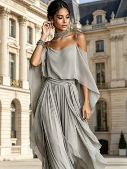 Gray Chiffon Off Shoulder Crop Top and Matching Pants Set