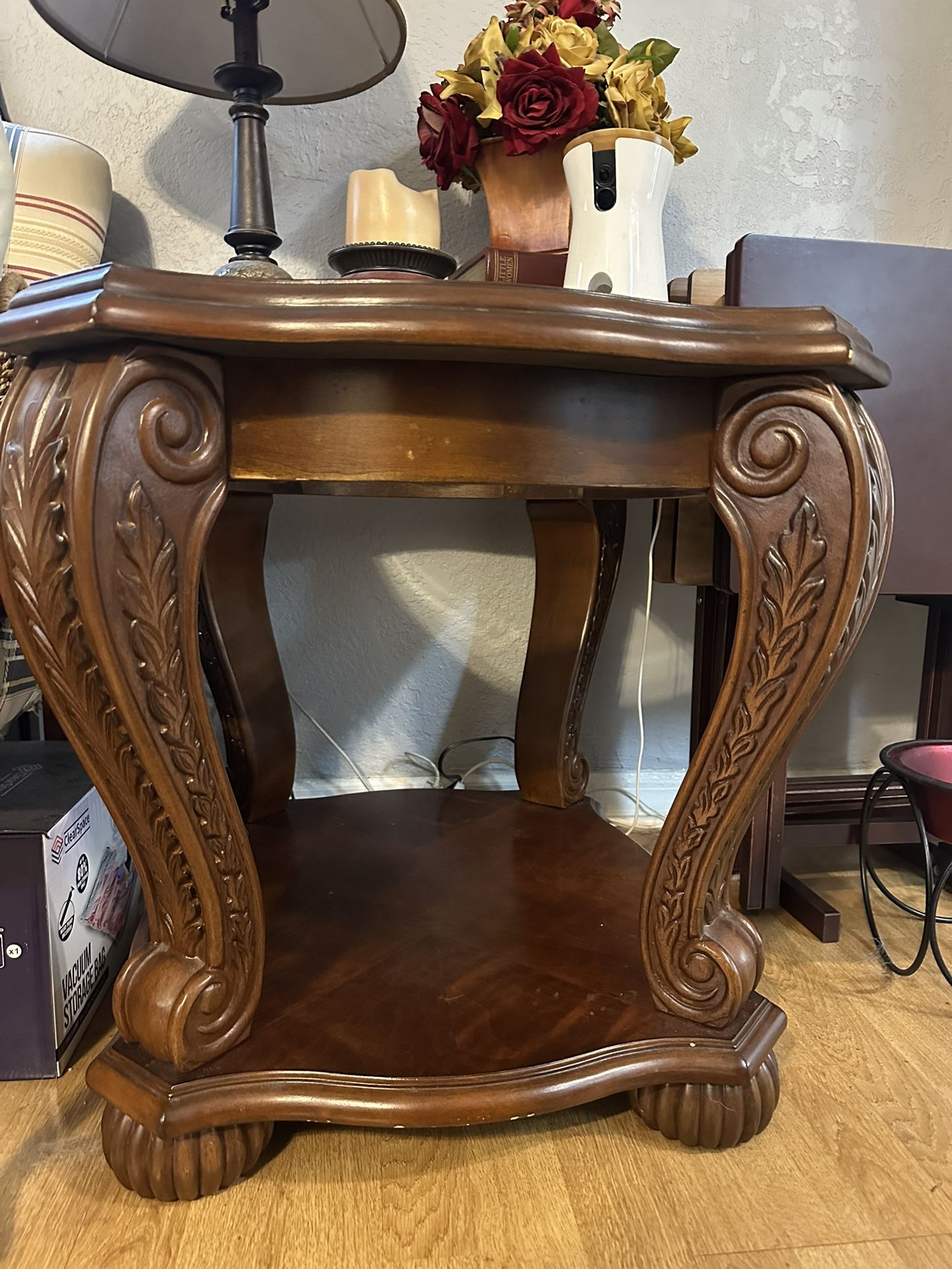Two Cherry/walnut Wood And Glass End Tables