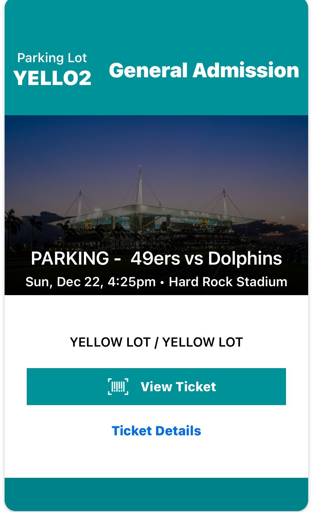 Miami Dolphins Vs 49ers Parking Pass