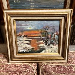 Vintage Winter River Sunset Painting 