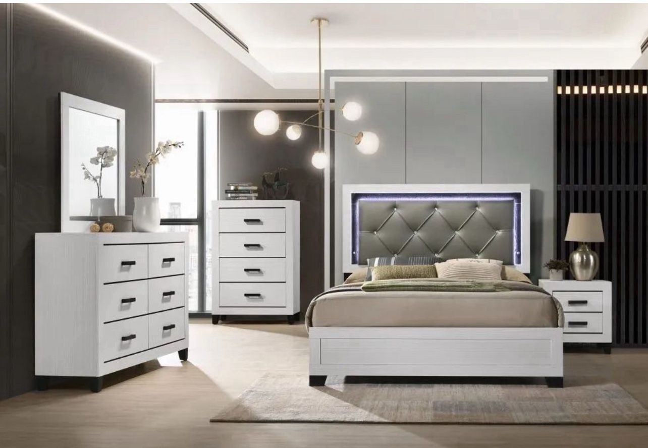 Brand new in box! Queen size 5 pieces( Bedframe/Chest/Nightstand/Dresser/Mirror:Delivery Available