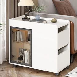 White Modern Mobile End Table w/ LED Light & Transparent Brown Glass Door / 2 Storage Shelves [NEW IN BOX] **Retails for $160 <Assembly Required> 