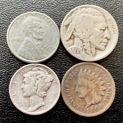 Indian Head Penny Buffalo Nickel 1943 Steel Cent Mercury Dime Four (4) Coin Set Collection Coins
