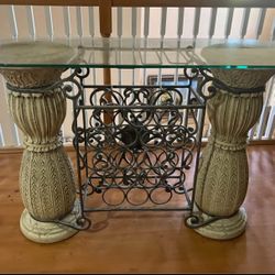 Double Pedestal Glass Top Consola Table With Built - In Wine Rack 