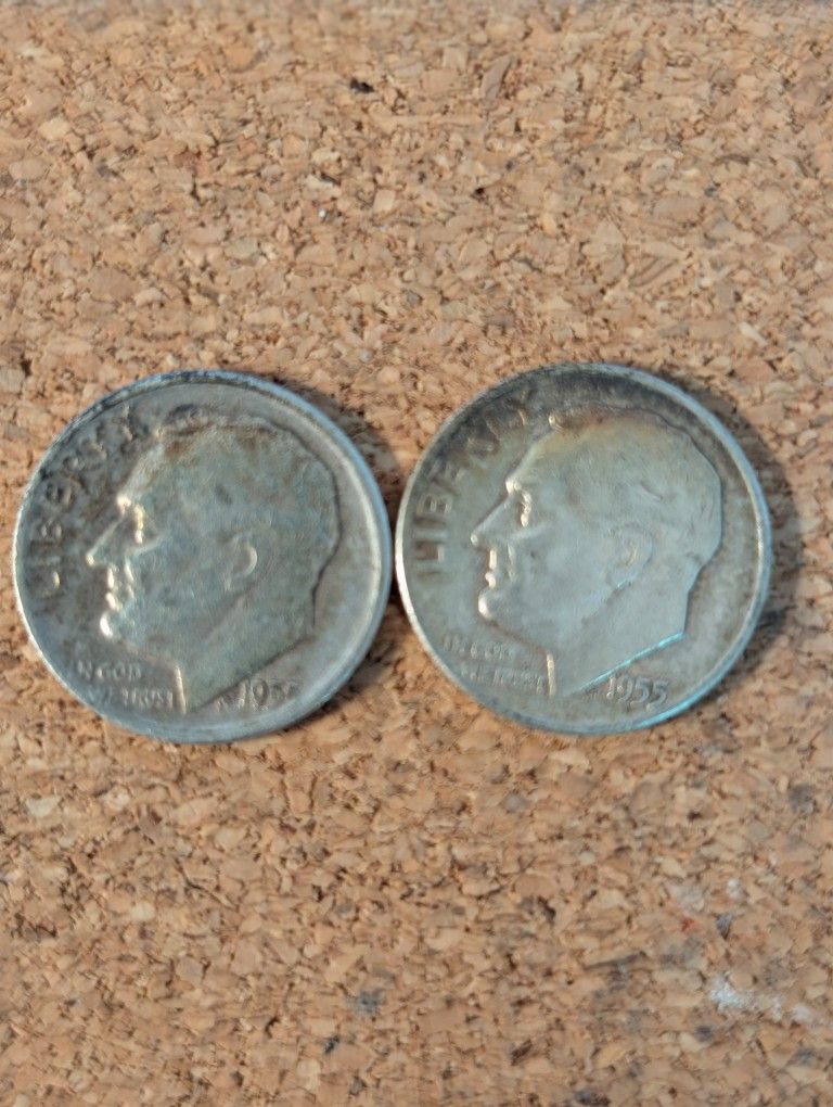 Pair 1955-P & D Roosevelt Dimes 90% Silver (2)