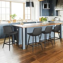 24” Counter Height Bar Stools Set of 4, Modern Faux Leather, for Home Kitchen, Black