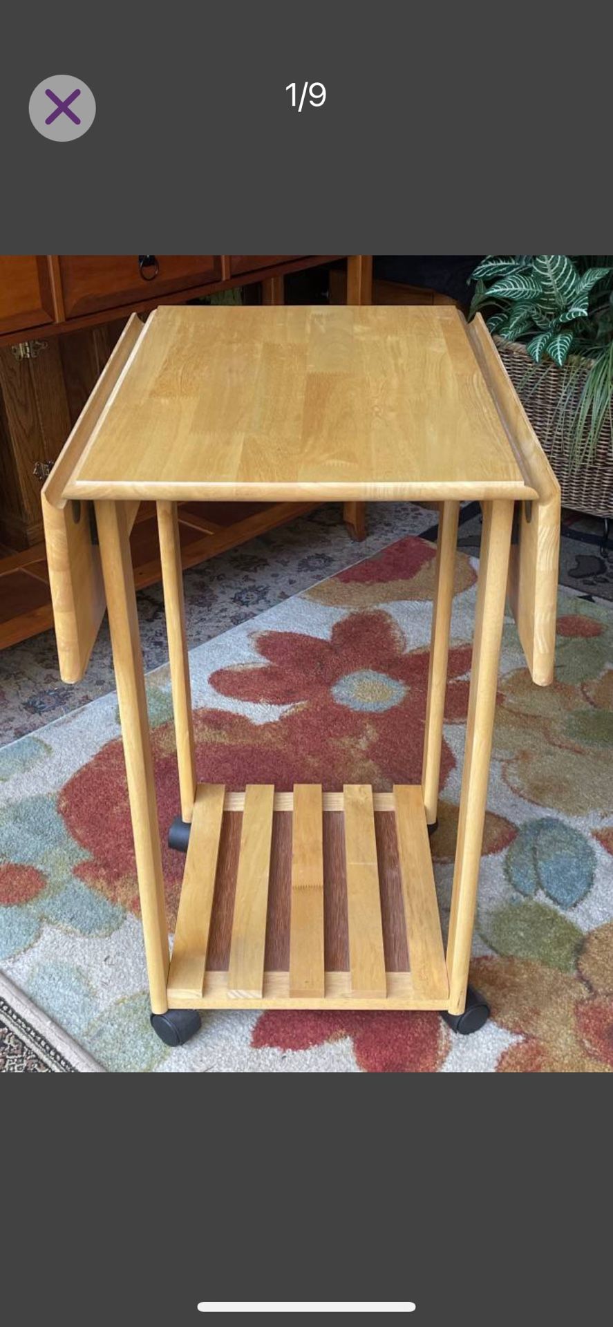 On Wheels, Maple Wood Drop-leaf Table / Kitchen Island - 32"H x 31"L (open) x 24"W - Like New
