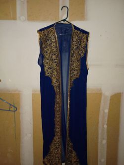 Navy Blue Gold Embroidered Sleeveless Maxi Vest