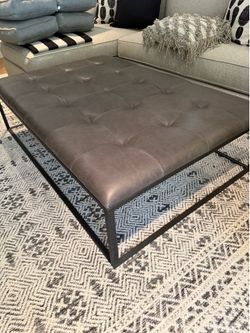 Gray Leather Ottoman with Metal Frame