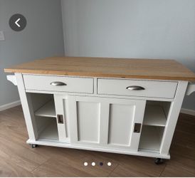 White Rolling Kitchen Island with Butcher Block Top