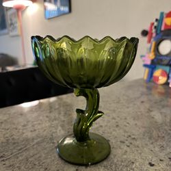 Vintage Olive Green Pedestal Glass Bowl – Mid Century Style