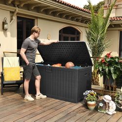 Premium 150 Gallon Resin Deck Box: Waterproof, Lockable, and Spacious Outdoor Large Storage Container For Pool Toys Pillows Garden Tools Pet Food Past