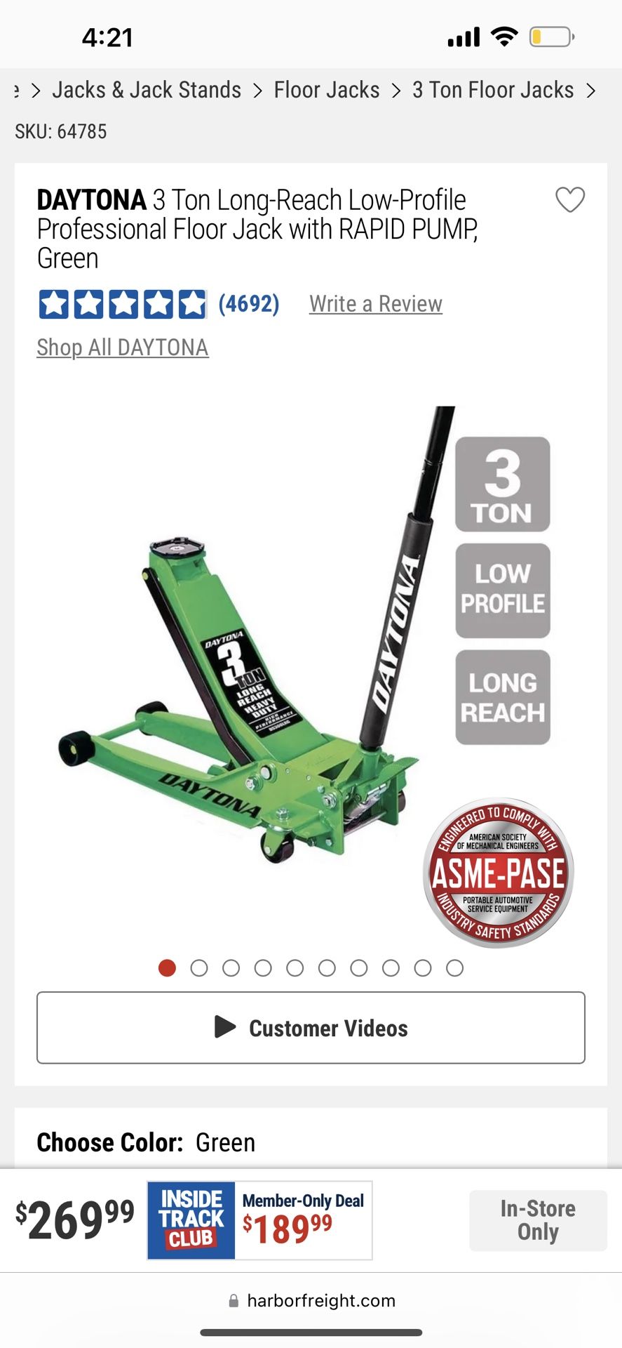 DAYTONA 3 Ton Long-Reach Low-Profile Professional Floor Jack with RAPID PUMP, Green