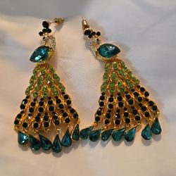 VTG. Peacock Crystal Bling Rhinestone 3" Long Dangling Drop Pierced Earrings Green And Blue Very Rare?