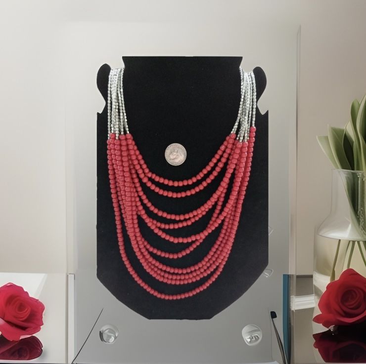 Layered Multistrand (10 ) Necklace Silver & Crimson In Color