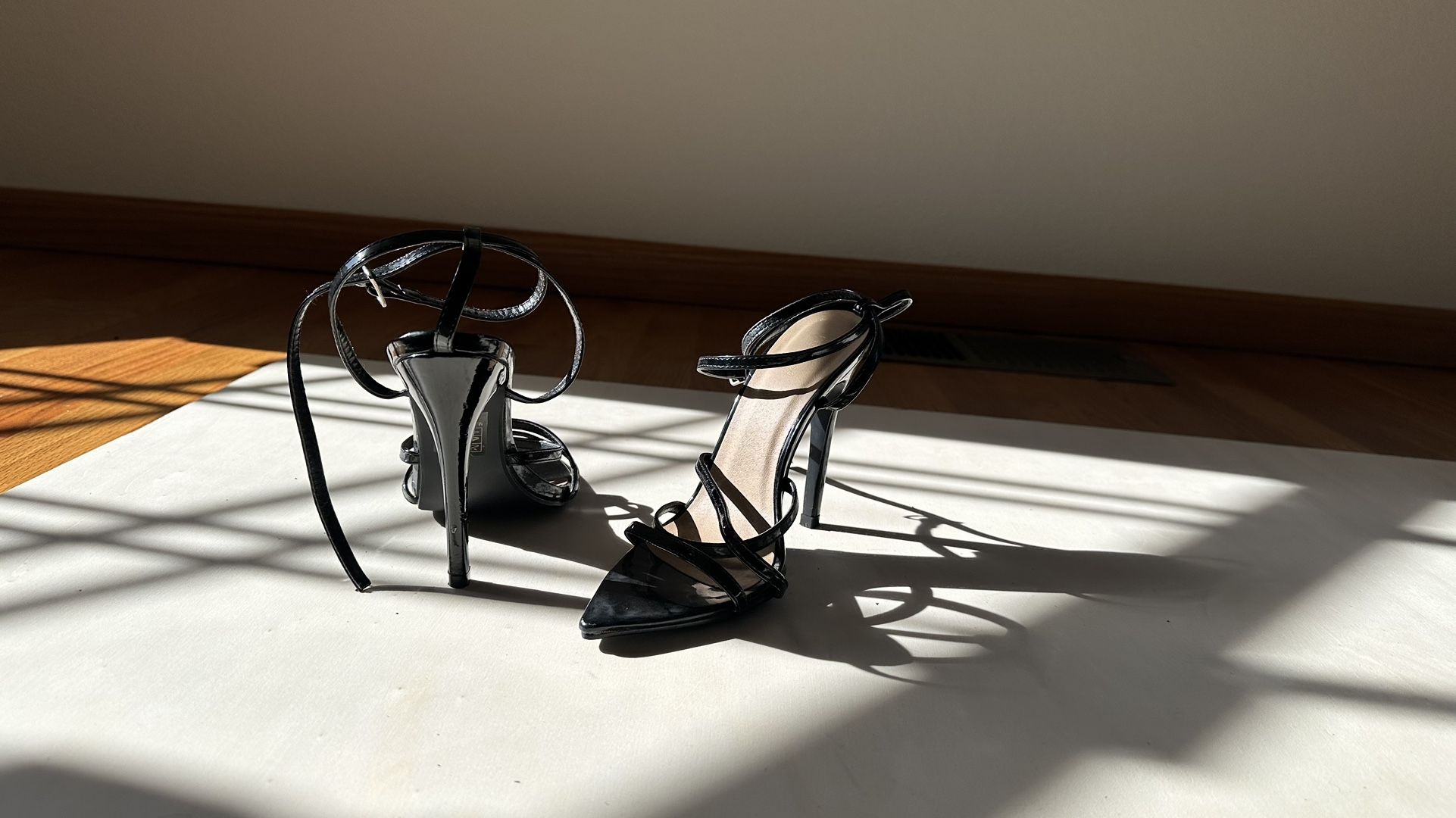 Patent Black Strappy Heels - Women’s Size US5/UK3