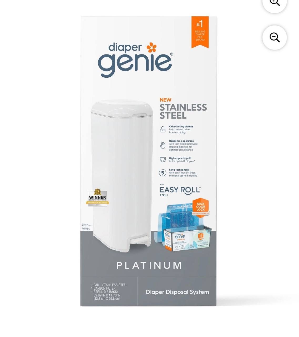 Diaper Genie Platinum Pail,White,Stainless Steel, 1 Diaper Pail,1 Easy Roll 18 Bags, Infant