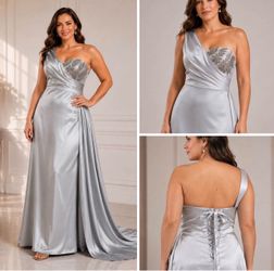 Silver Satin One-Shoulder Formal Gown size 16