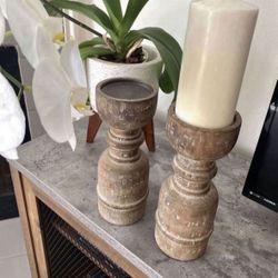 Pottery Barn New Lot of 2 Wood Brown New Large Vintage Candle Holders