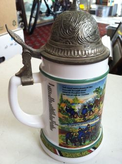Vintage BMF German Milk Glass Beer Stein w/ Pewter Top