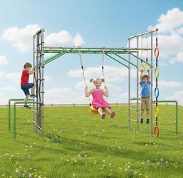 Outdoor Monkey Bars for Kids,Metal Swing Sets for Backyard with 5 Rings Climbing Rope,Monkey Bars Kit with 1 Trapeze Swing Bar and 1 Belt Swing, Jungl