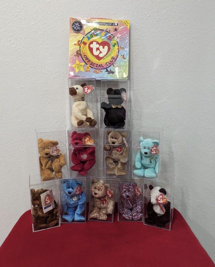 TY Beanie Babies Lot of 11 With Tags and Acrylic Cases + Sealed Official Membership Kit Collectible