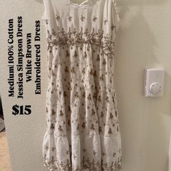 Medium| 100% Cotton Jessica Simpson Dress White Brown Embroidered  Dress| $15