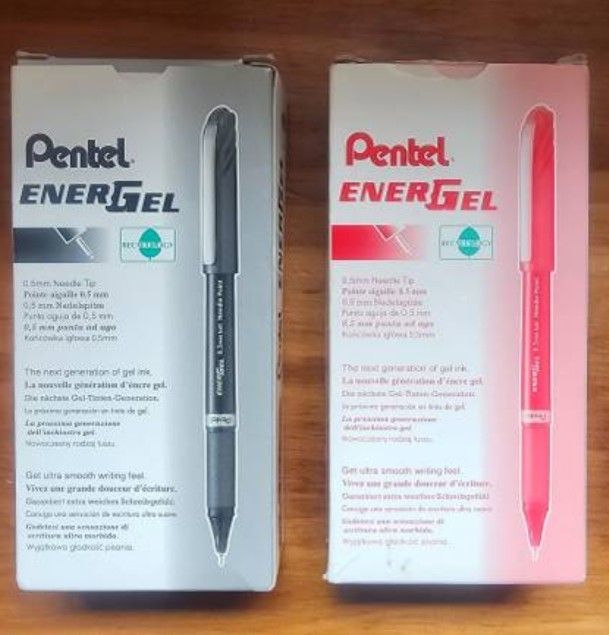 NIB x2 Pentel Energel extra fine (0.5mm) pens Red & Blk
