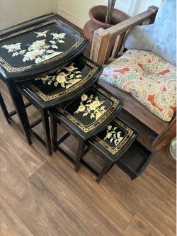 Asian inspired black lacquer Nesting Tables with drawergood condition