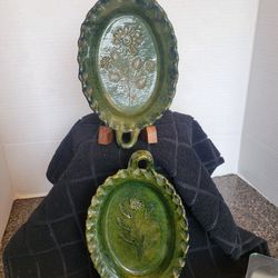 Pair Of Hamdmade Pottery Pinched Trinket Dishes Wild Flowers Olive Green Glaze