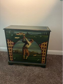 One of a kind hand painted vintage set of drawers, 1930s golf themed