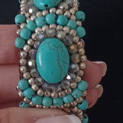 DESIGNER Tourquoise & SILVER BEADED CROCHET BRACELET 