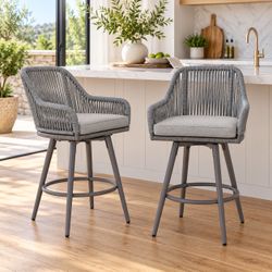 Grey Rope Swivel – Set of 2 Outdoor 360° Swivel Bar Stools