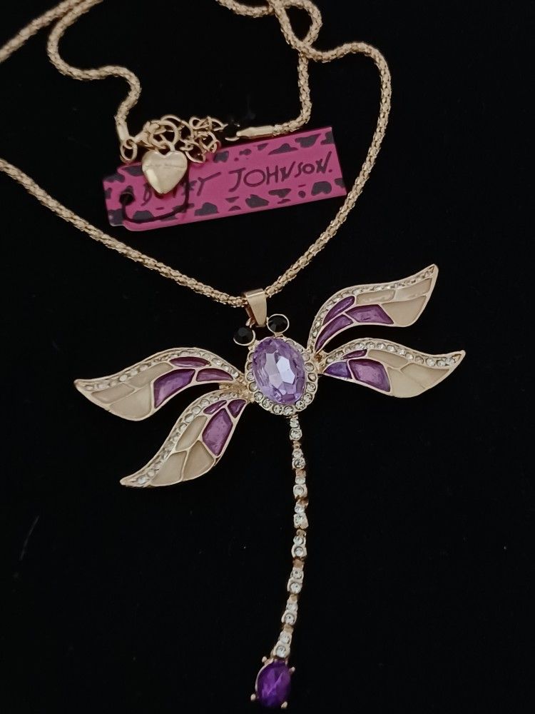 Betsey Johnson Gold Plate Dragonfly Crystals Necklace