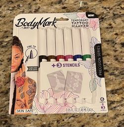 New BIC Body Mark Temporary Tattoo Markers 6 markers + 3 stencils - Skin Safe