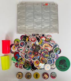Vintage Pogs Milk Caps 300 Pogs 2 storage tubes and 5 slammers and binder sleeves