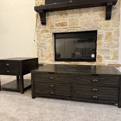 Rustic Dark Wood Coffee Table & End Table Set with Storage Drawers