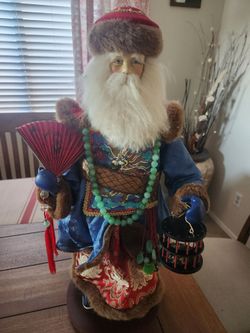 24" Chinese Santa Claus Figurine Handmade w/Jade, Lucky Crickets & Fan