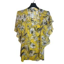 NY Collection Womens Tank Dress Yellow Floral Ruffle Faux V-Neck Sheer 3X NWT