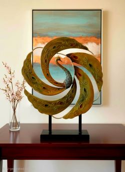 Mid-century peacock sculpture curved neck and a spiraled, Fan Shaped Feathers 27"×22"