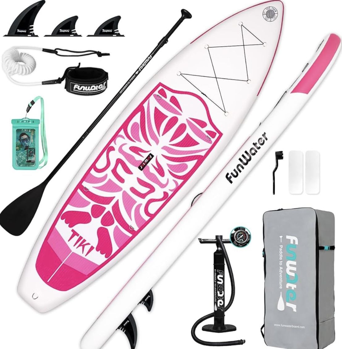 NEW in Box FunWater Inflatable Ultra Light Stand Up Paddle Board for Youth & Adults Pink & White