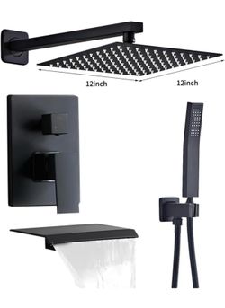 Matte Black Shower Faucet 12 Inch Set with Tub Spout Shower Head and Handle with 2 Hooks Rain System Square Wall Mount for Bathroom $145