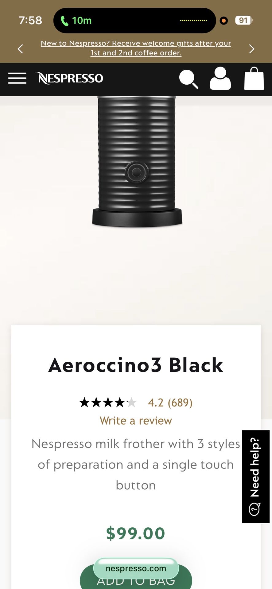 Nespresso Frother Aeroccino3 Black - used twice. New condition