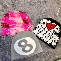 Bundle of 3 beanies- Grey 8 ball, Pink fuzzy, and Graphic ‘Top Tier’