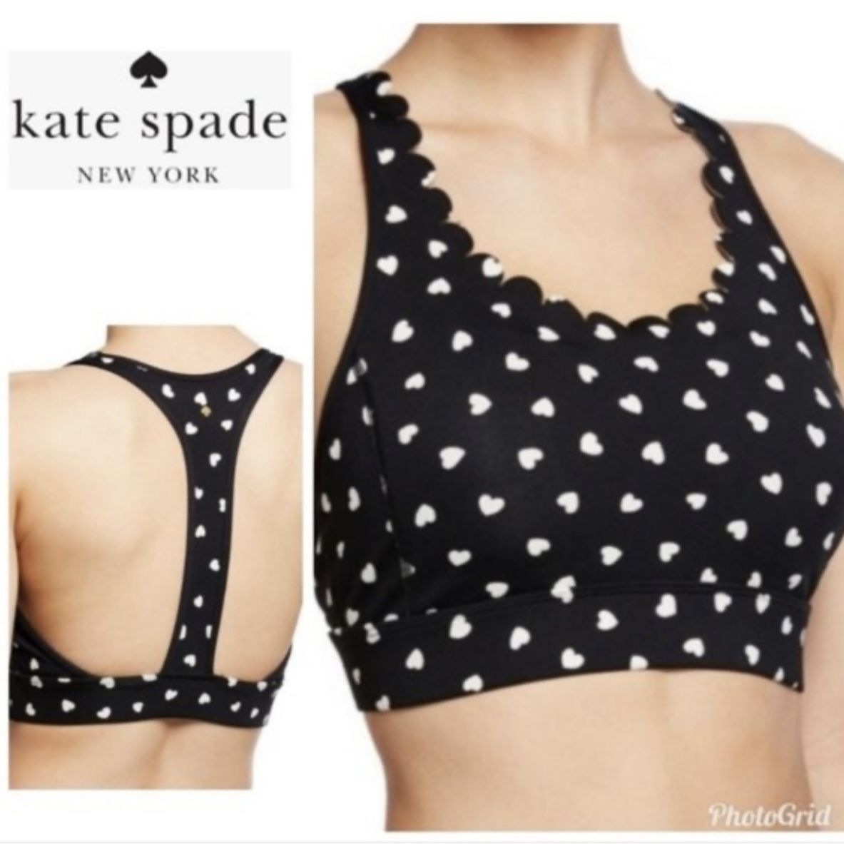 KATE SPADE Black White Polka Heartbeat Scallop Racerback Workout Sports Bra