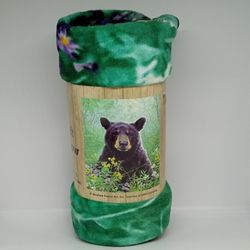 NEW Soft Fleece Throw Blanket BLACK BEAR Wild Flowers Wall Art 50" x 60" Artist: Abraham Hunter